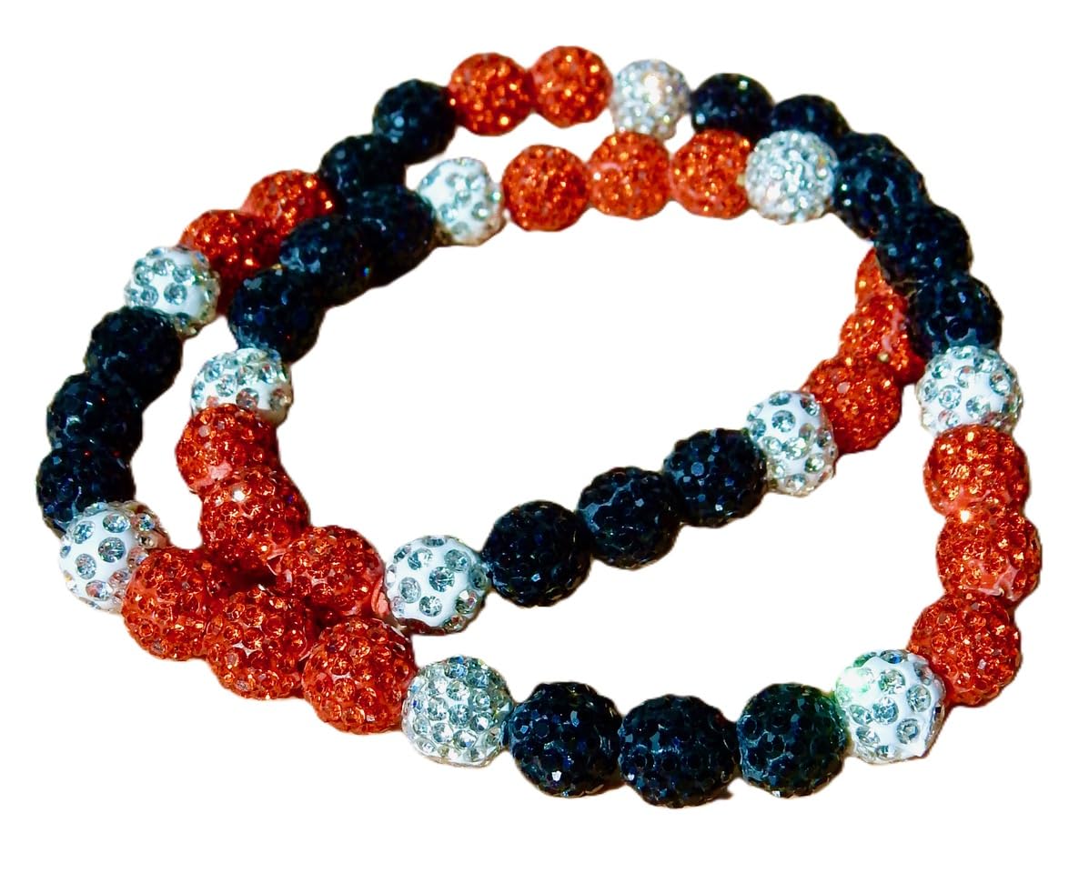 Disco Ball Rhinestone Bead Baseball Softball Necklace - 25 Color Combinations - One Size Fits Most (Black Orange Silver)